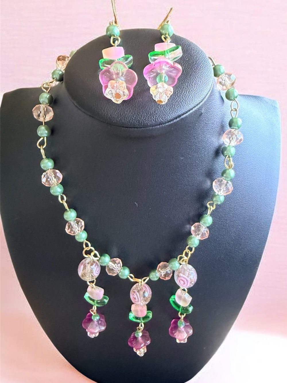 Pink and Green Floral Glass Bead Necklace with Matching Earrings